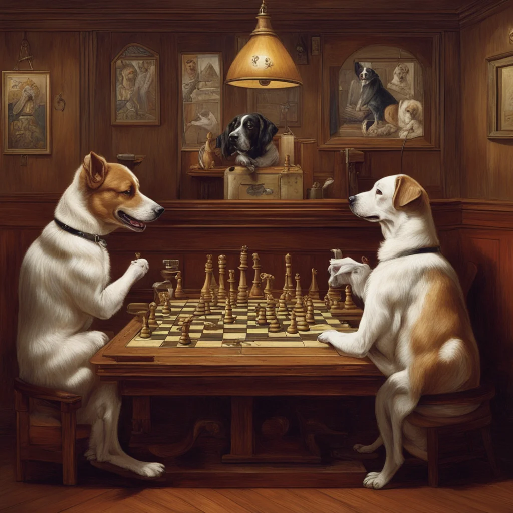 dogs playing five dimensional chess in a dingy pub by Rockwell —hd