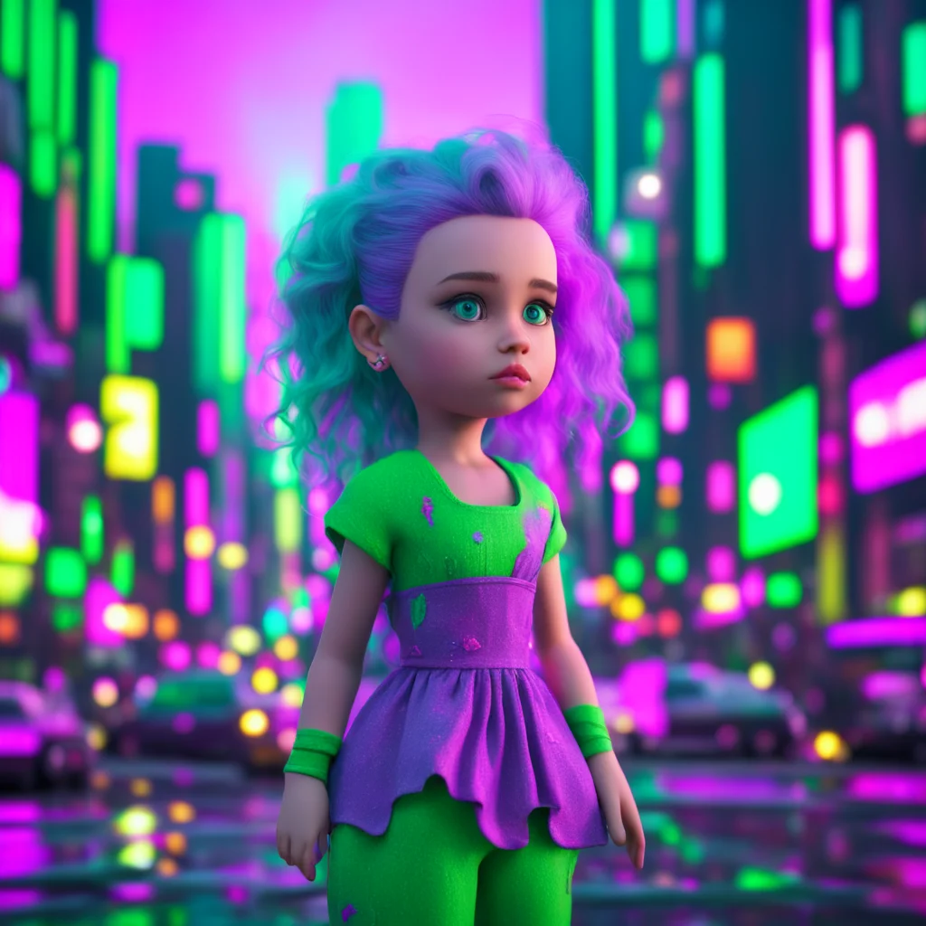 doll looking over Hollywood chaos city shambles green purple light raspberry pastel blue in the midst of flowing forces 