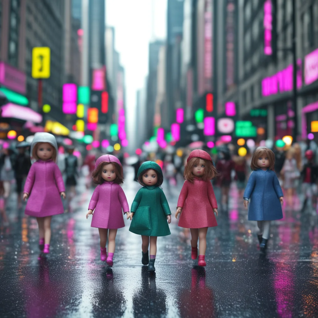 doll parade stood in busy New York downtown street rain 4K octane render cinematic —ar 169