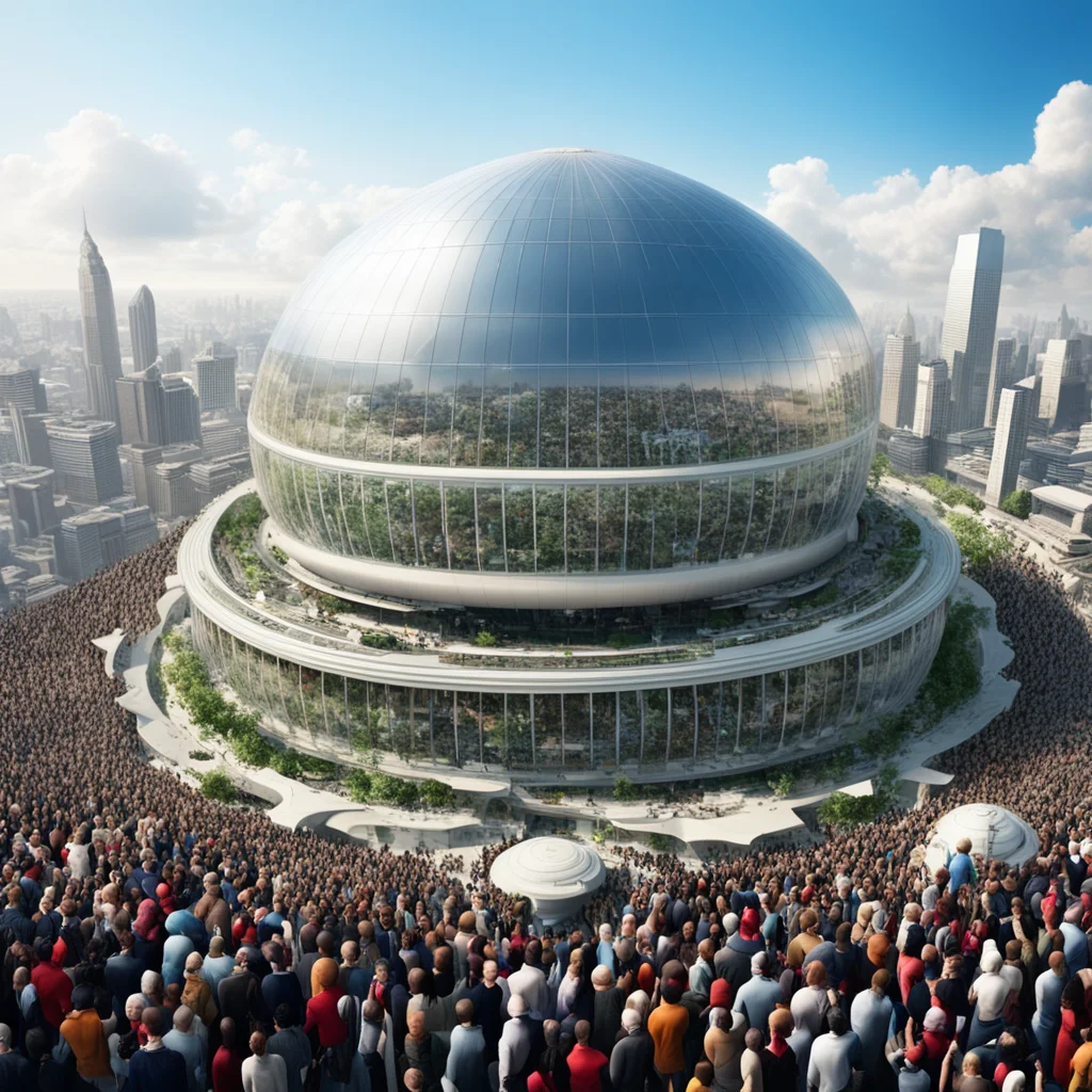 dome domed megacity habitat utopian crowds of people low angle photo ar 169