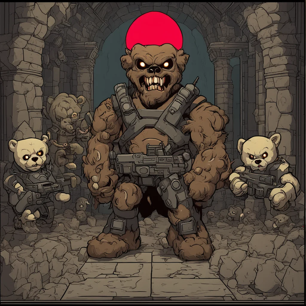 doom 2 casual cartoon style with teddy bears and demons dungeon