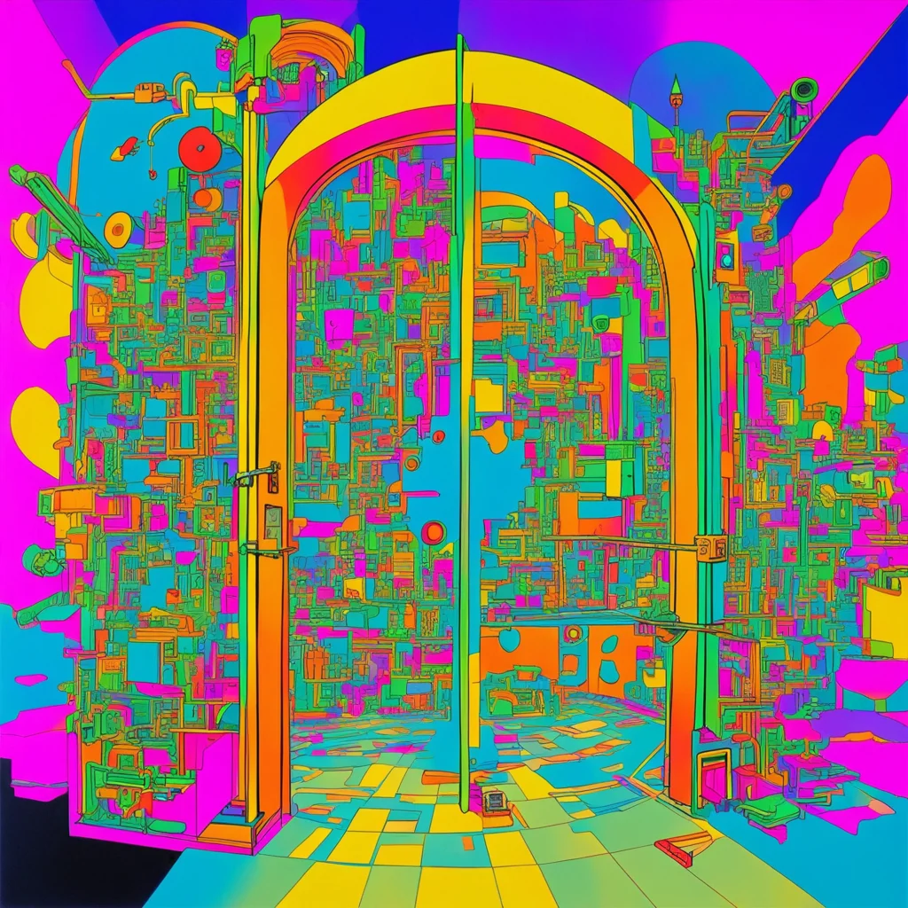 door opens to a giant Rube Goldberg contraption but also a biocomputer inside of a giant cell city  peter max jack kirby