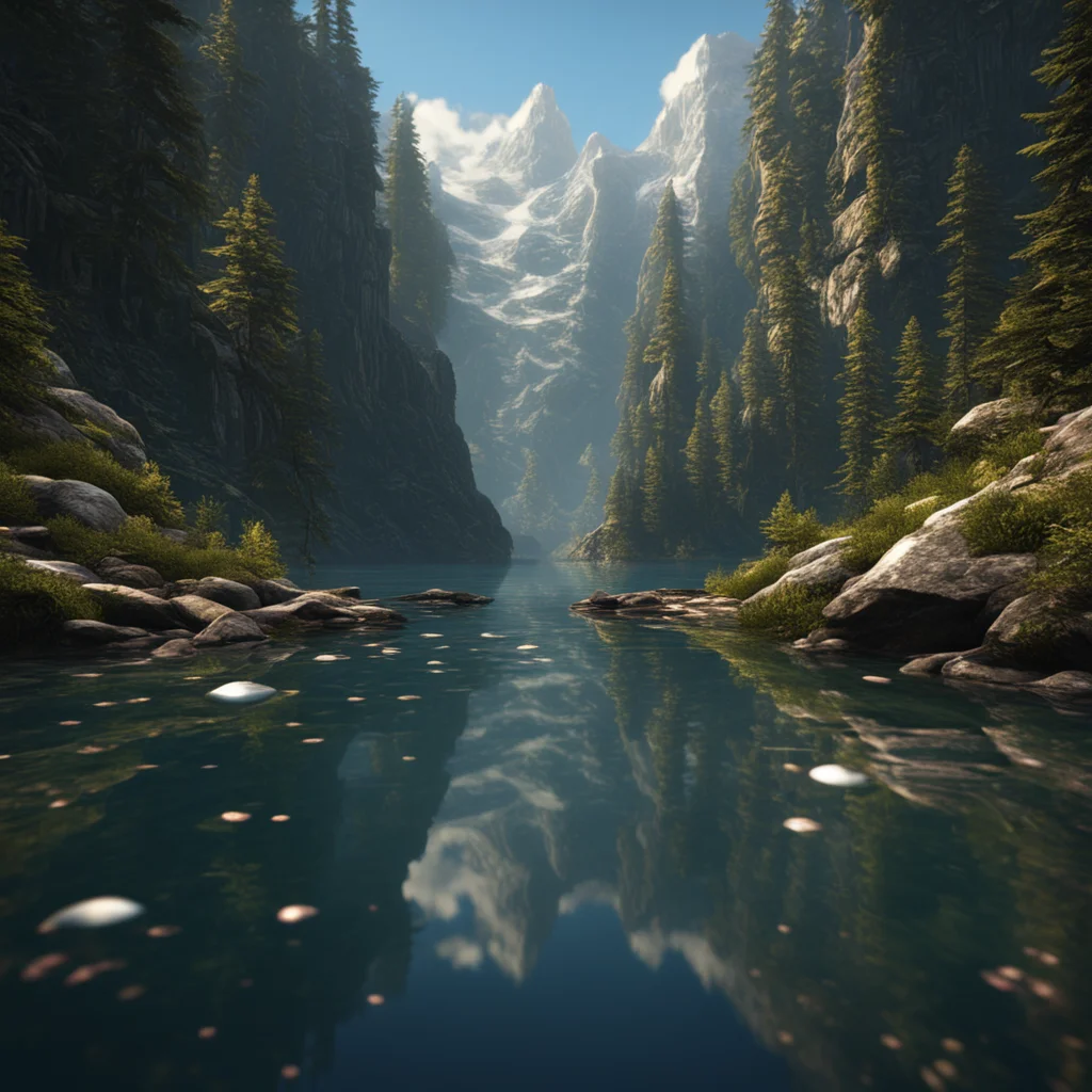 doorknob productions a mountain lake Highly detailed image realistic and Dynamic perspective Unreal Engine Craig Mullins