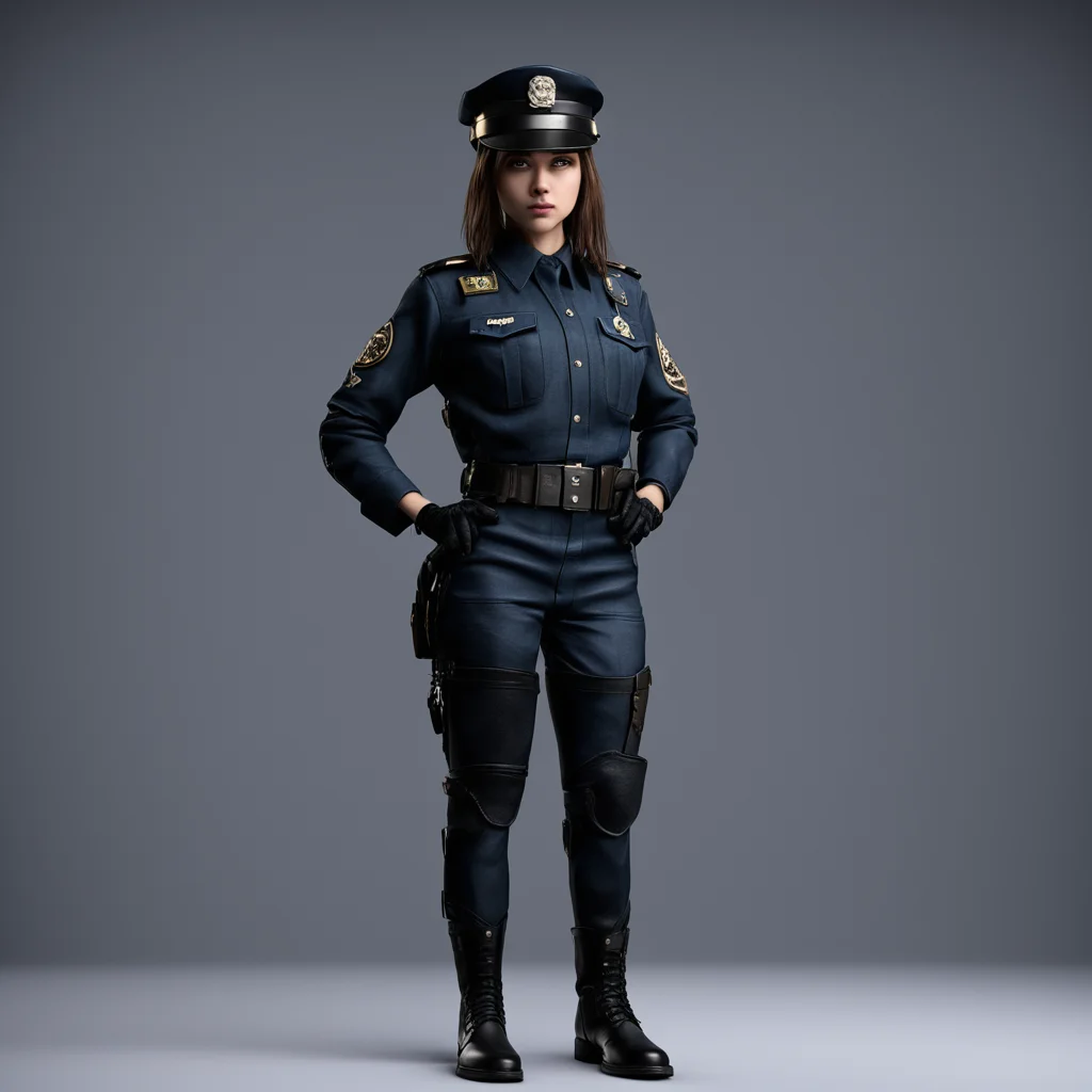 dragon girl in a studio dressed like a cop direct wide shot full body 8k rendering high detail flash photo 35mm
