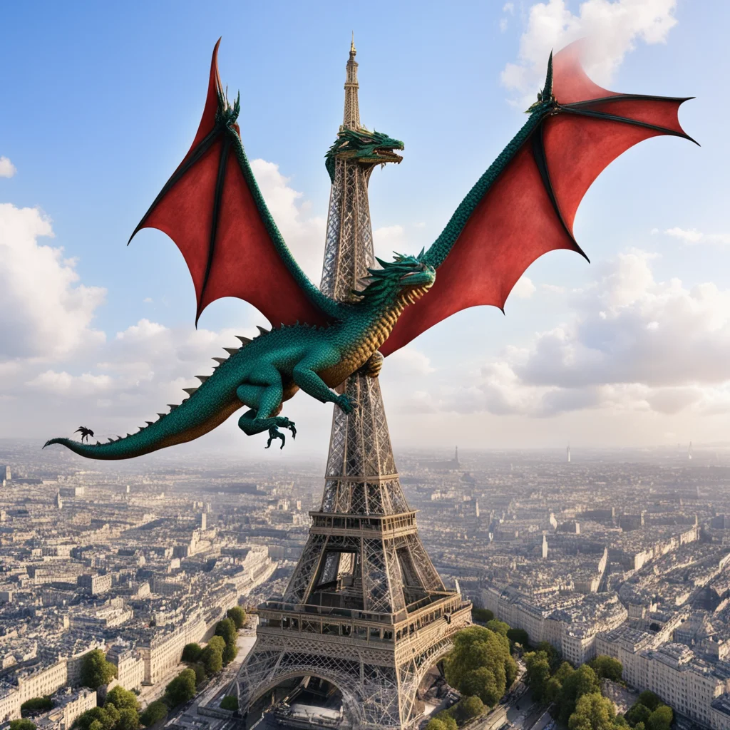 dragon swooping down from the sky and grabbing a human on top of the Eiffel Tower in Paris