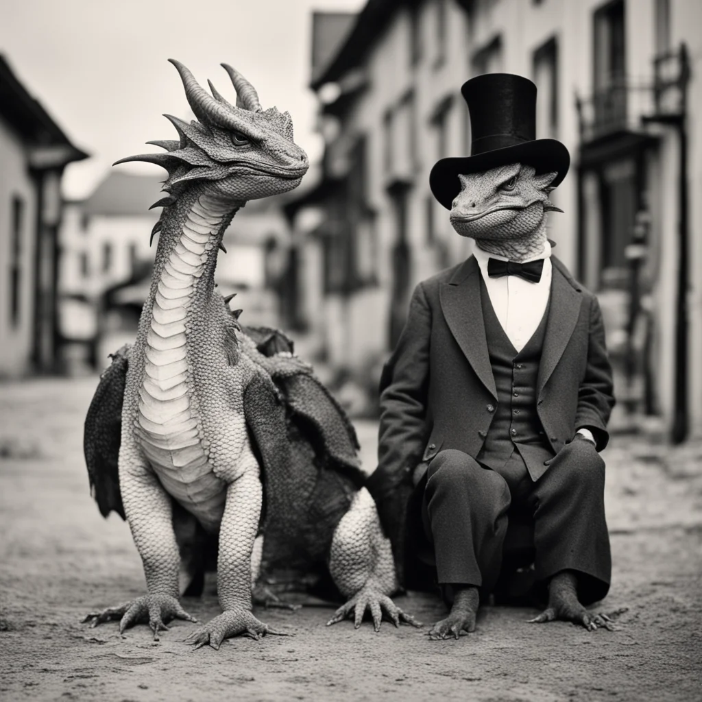 dragons as pets in 1800s style photography town folk wearing tophats
