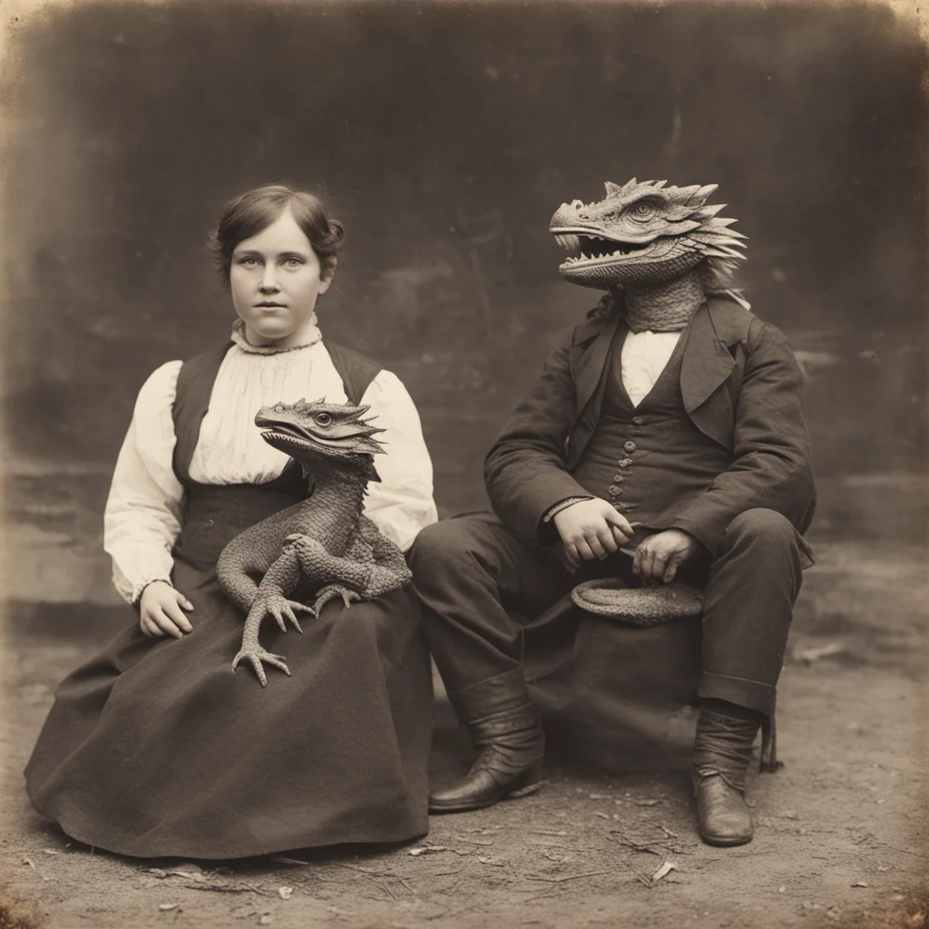 dragons as pets in 1800s style photography town folk