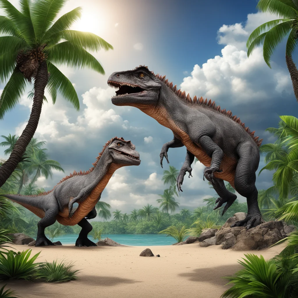 dramatic dinosaurs in tropical setting moments before astroid impact