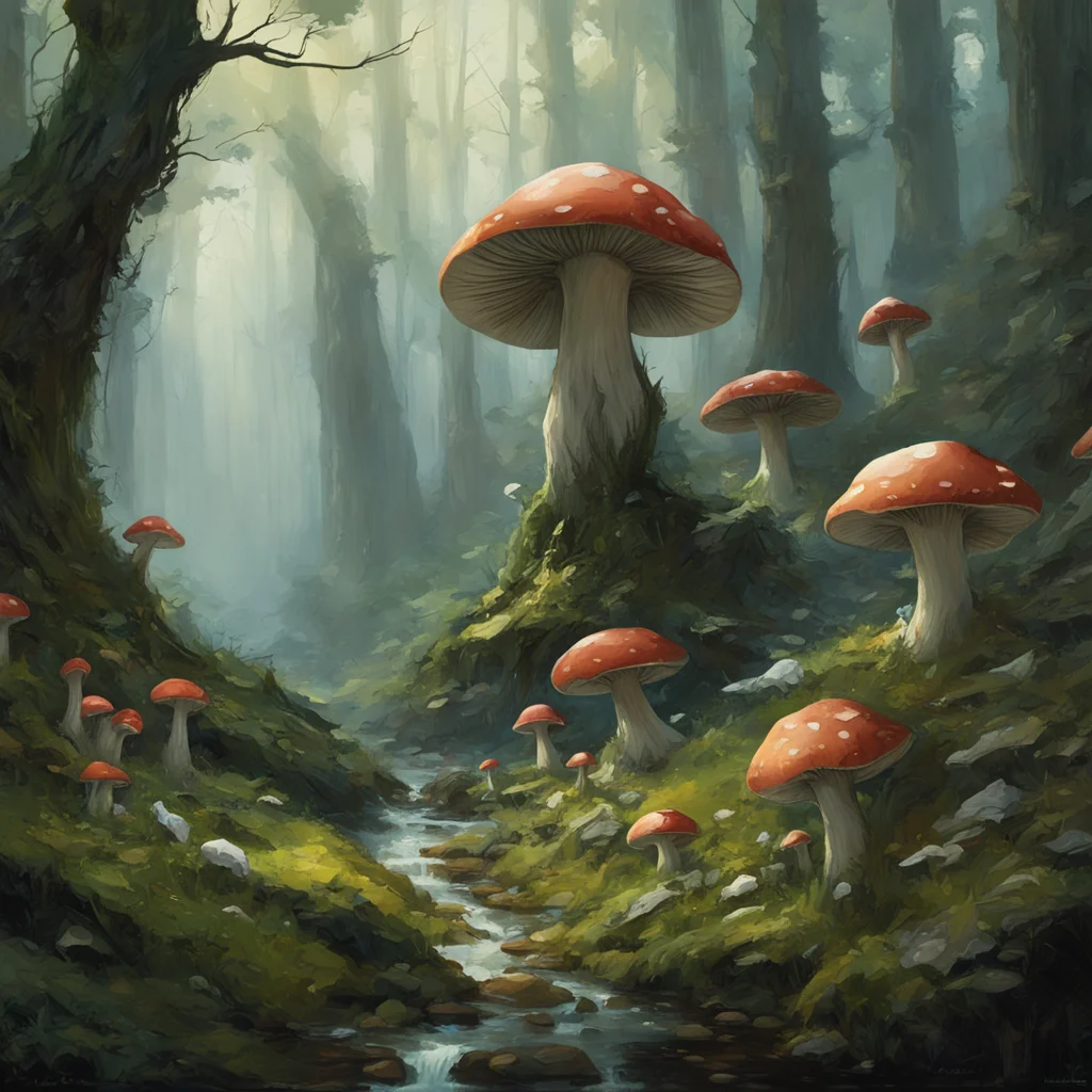 dramatic landscape with mushrooms and crystals  forest  in the style of craig mullins