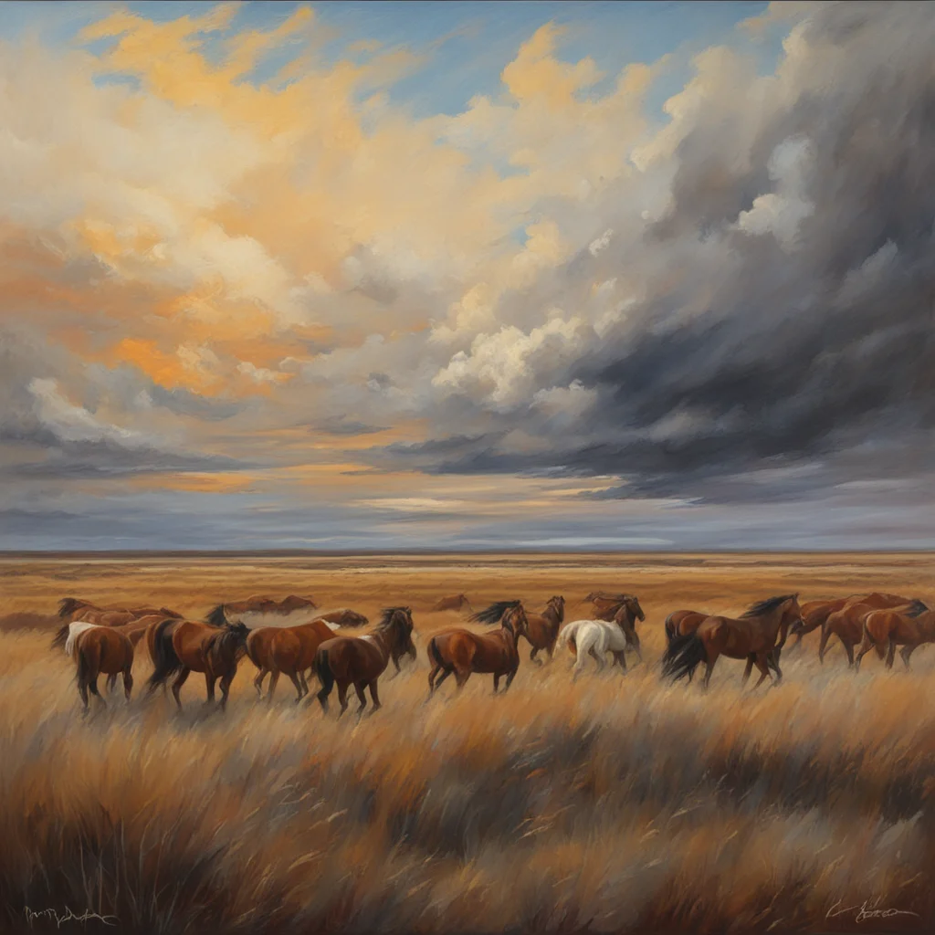 dramatic oil painting of windswept autumn prairie clouds of dust arise in the distance from a stampede of wild horses
