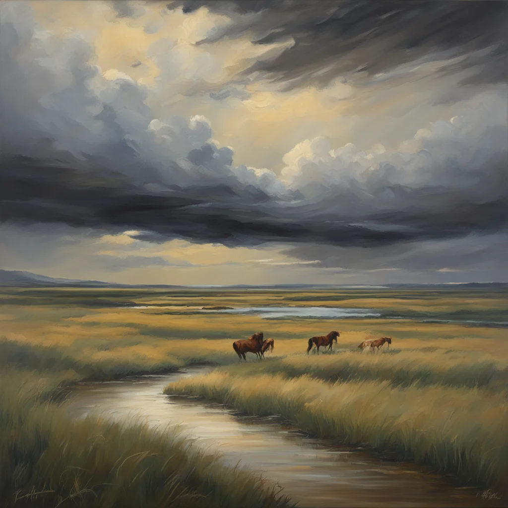 dramatic oil painting of windswept summer prairie very far away over a river there is a stampede of wild horses The sky 