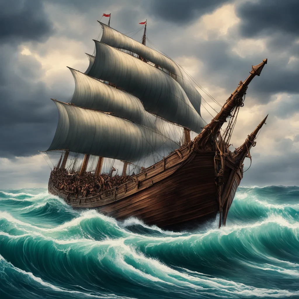 dramatic painting The mighty Viking warship Rides the waves with ease With its large sail billowing In the wind The ship
