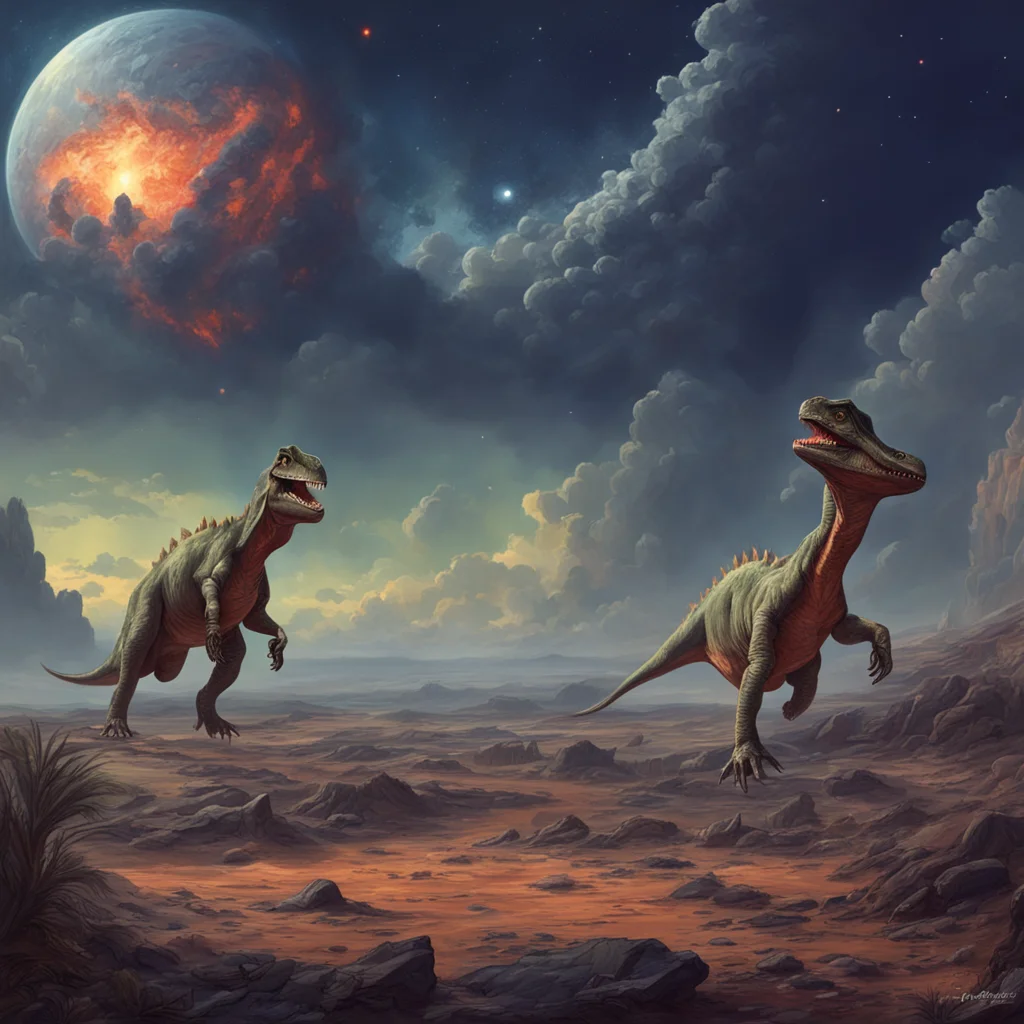 dramatic painting of dinosaurs moments before astroid impact sadness and regret