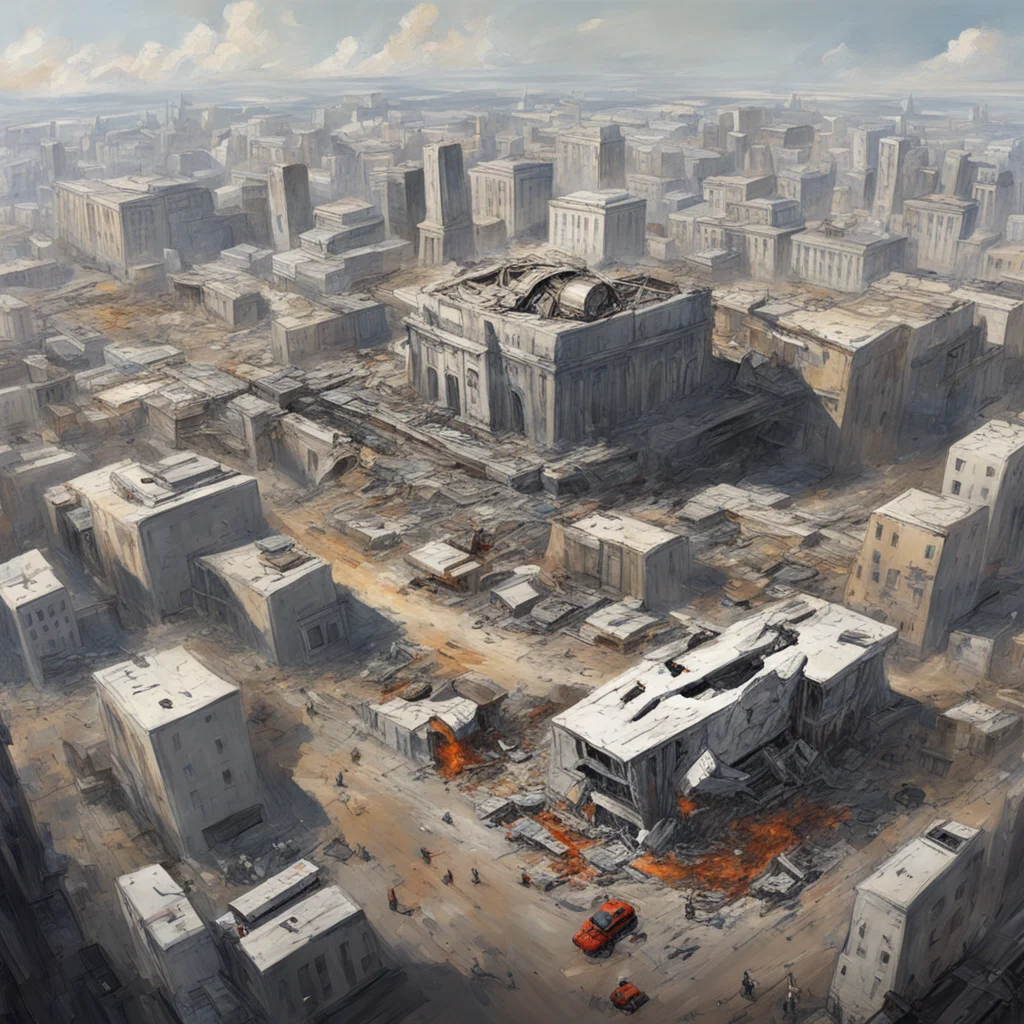 drone perspective of Washington DC  Half Life 2 Combine Megastructures litter the destroyed city  Viktor Antonov paintin