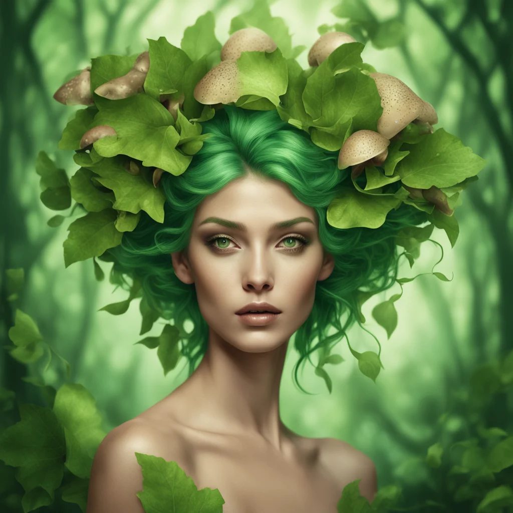 dryad style woman portrait beautiful green leaf hair style shoulders visible in frame ethereal magical mushrooms tanned 
