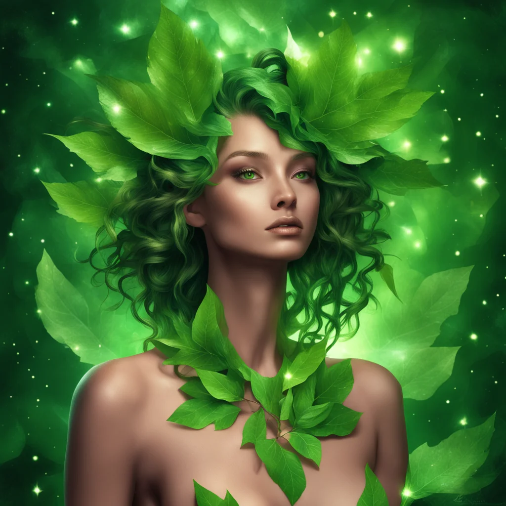 dryad style woman portrait with shoulders beautiful green leaf hair style leaves over chest ethereal tanned skintone dig
