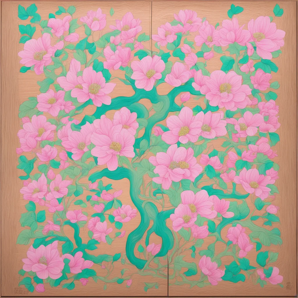 dunhuang flora and tree mural on wood Breath of the Wild pastel color ar 34