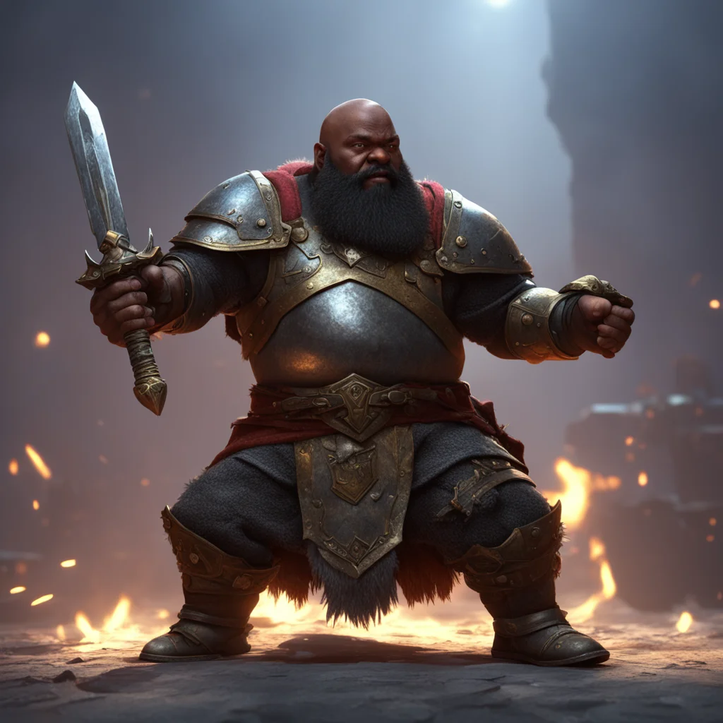 dwarf shaq sword fighting with a knight 4k render with octane dreamscape