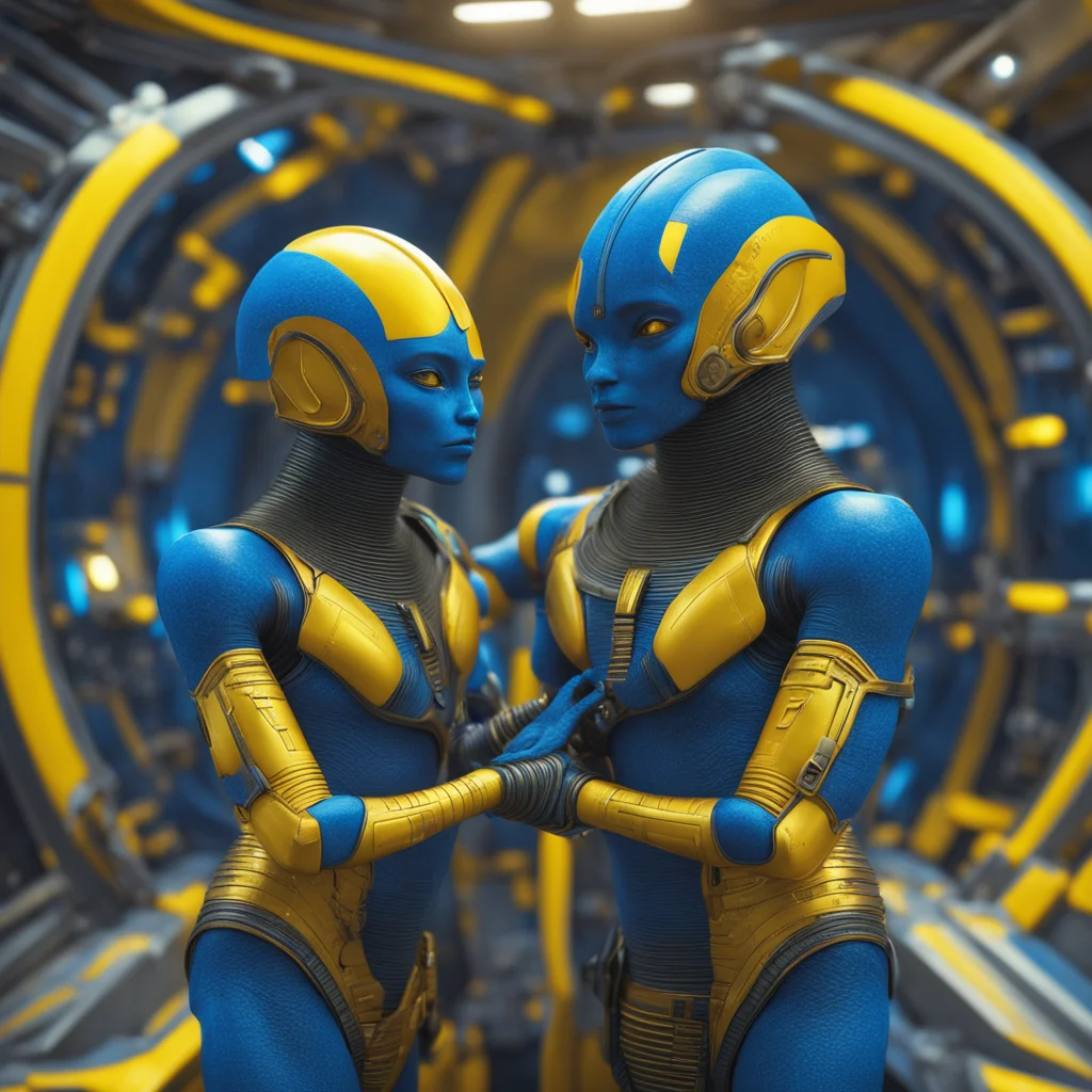 egyptian aliens hugging each other inside a spaceship yellow and blue color 8k octane render photorealistic ar 75