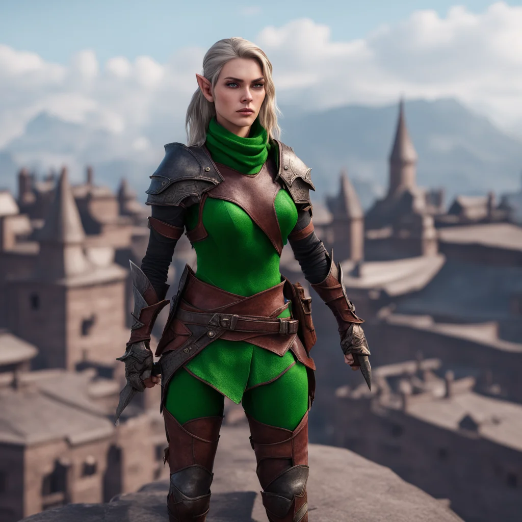 elf rogue on rooftop holding dagger leather armor