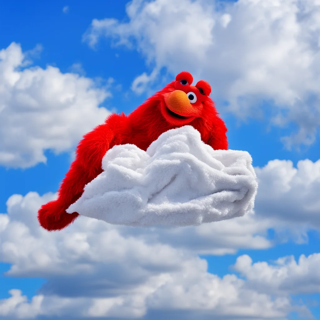 elmo flying with his white blanket between the clouds and blue sky