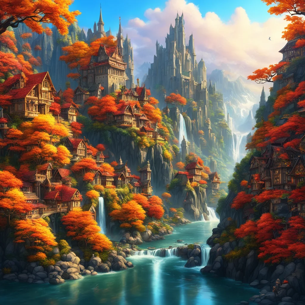elven rich ornate town on a river waterfall fantasy autumn leaves beautiful majestic mountains towers glowing ar 169