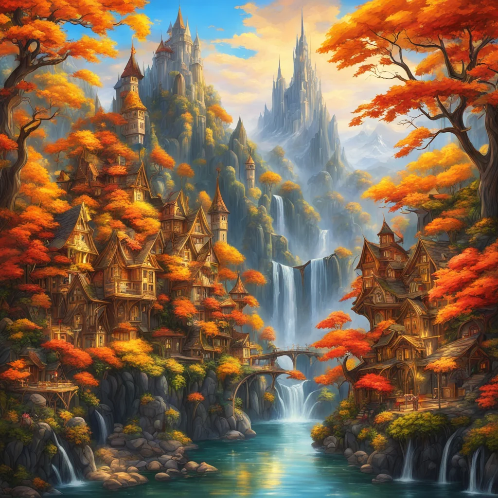 elven rich ornate town on a river waterfall fantasy autumn leaves beautiful majestic mountains towers glowing golden age