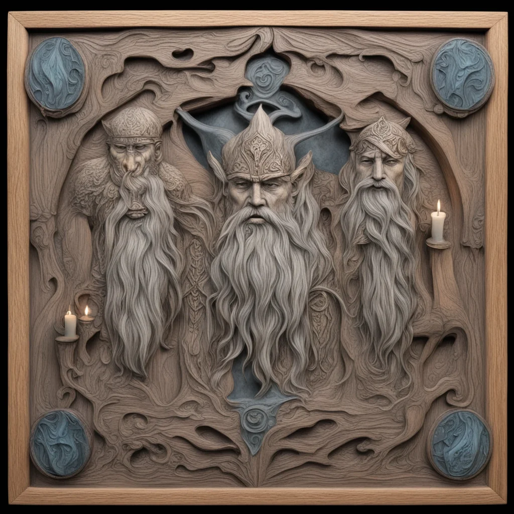 elvish viking gods carved in wood and surrounded by candles labradorite h 1080 w 960