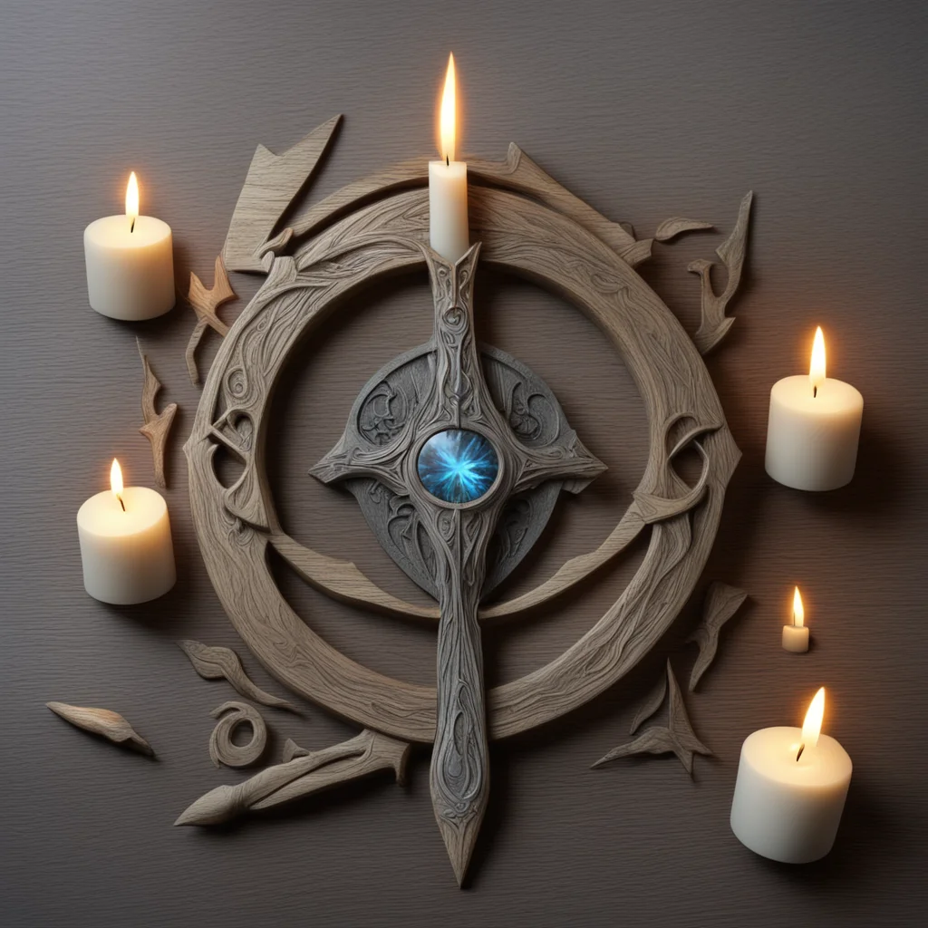 elvish viking magic weapon carved in wood and surrounded by candles labradorite h 1080 w 960