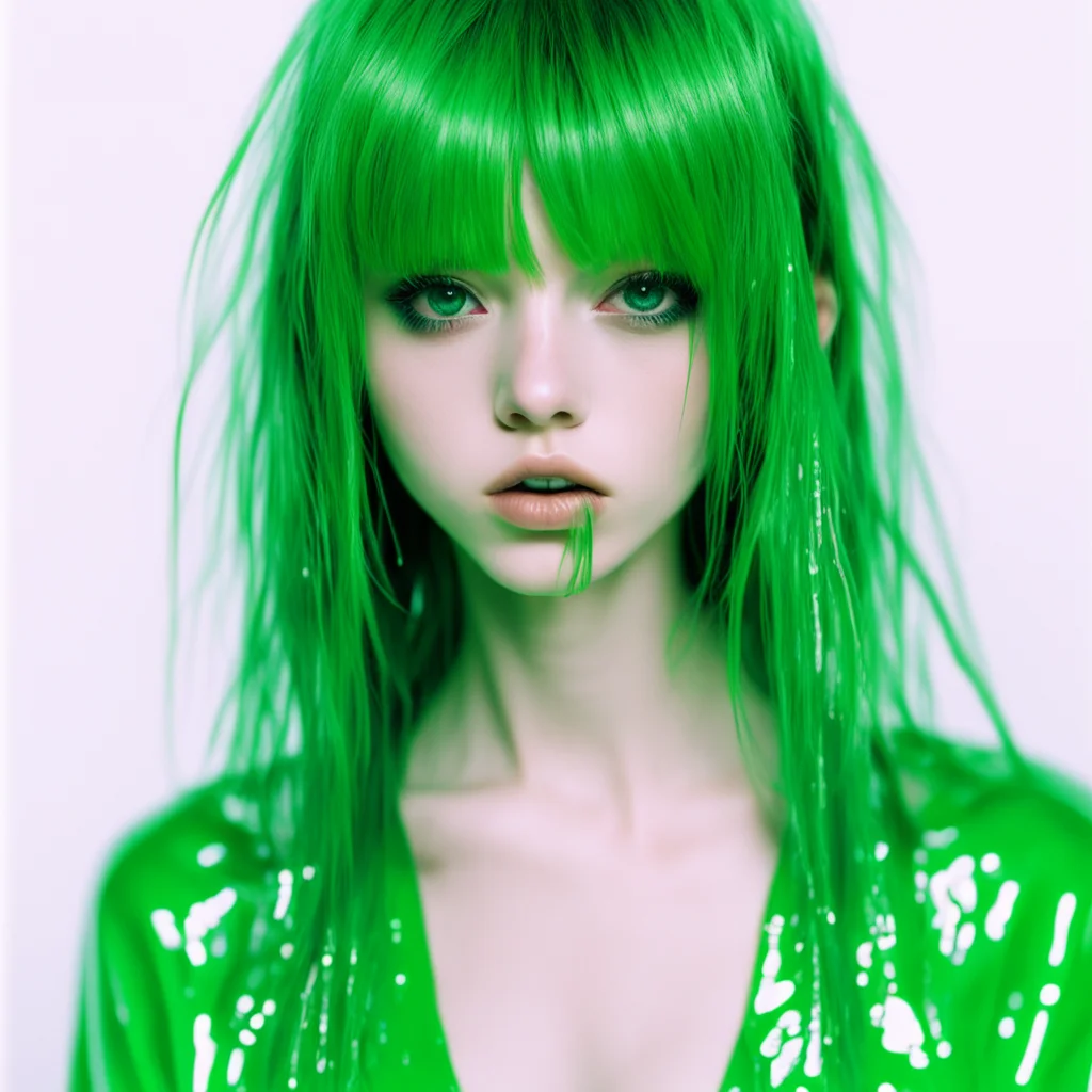 emo girl model green makeup wet hair white background fashion shoot by hajime sorayama —h 350