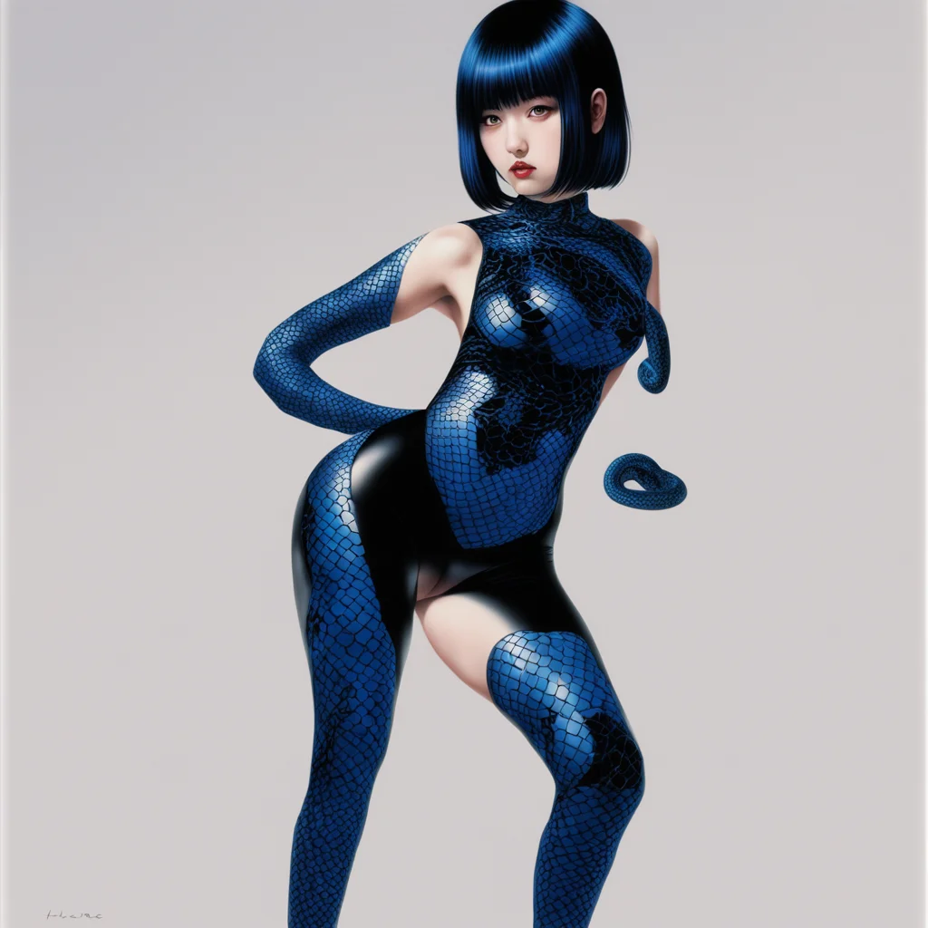 emo girl wearing black cheongsam and blue stocking and blue snake by hajime sorayama —h 350
