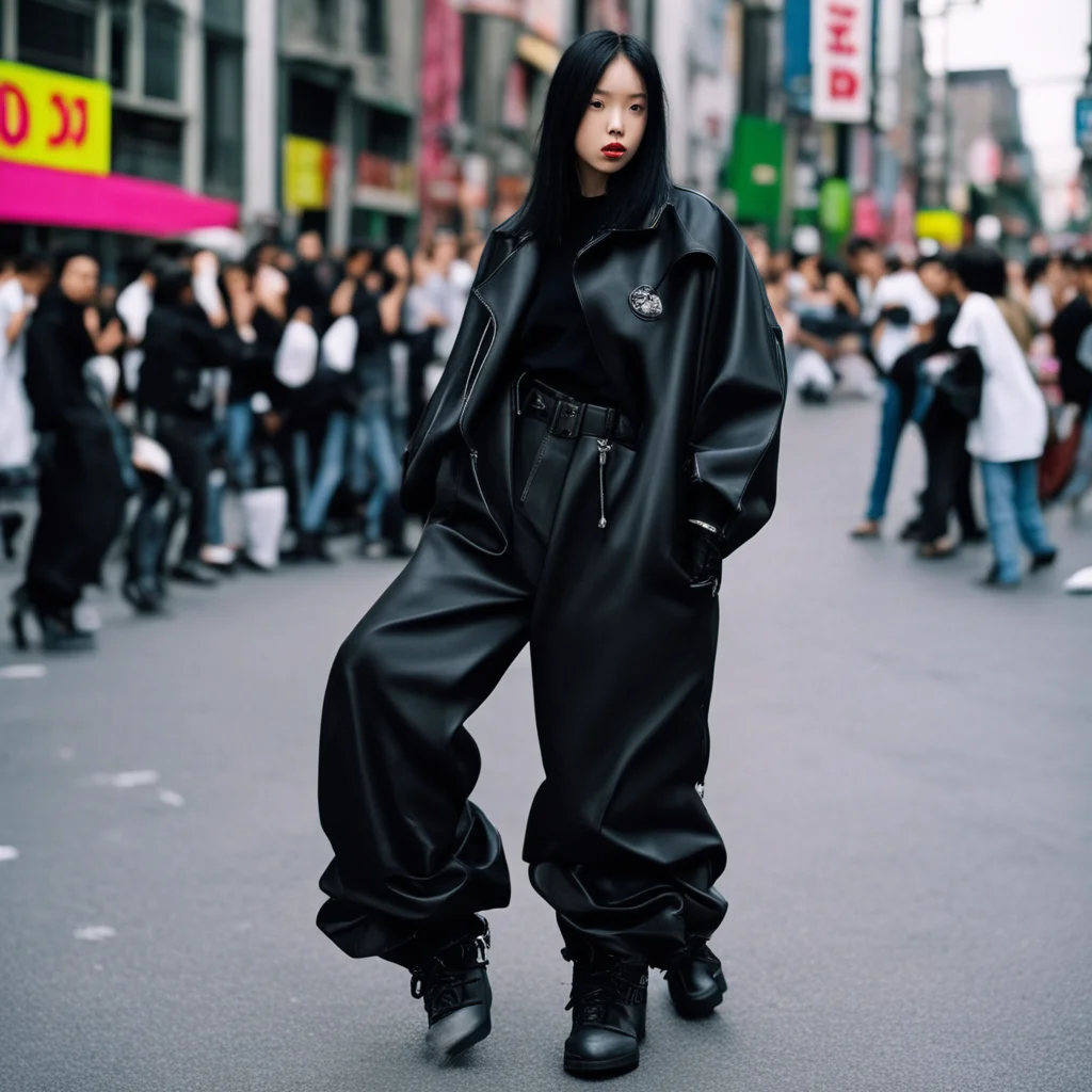 emo y2k girl wearing black super large baggy pants black high heels and black oversized motor jacket at mosh pit by haji