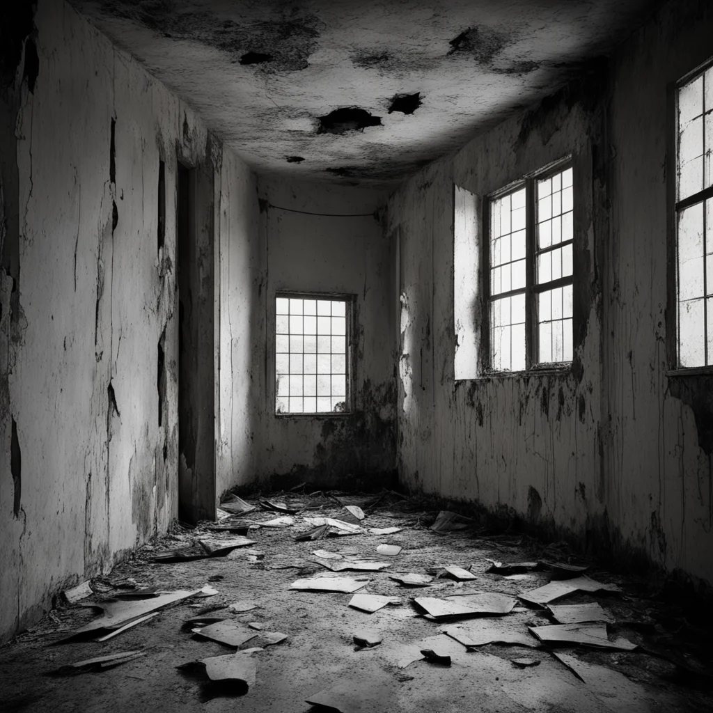 empty dark abandoned asylum room decay plaster torn broken window gray haunted uplight