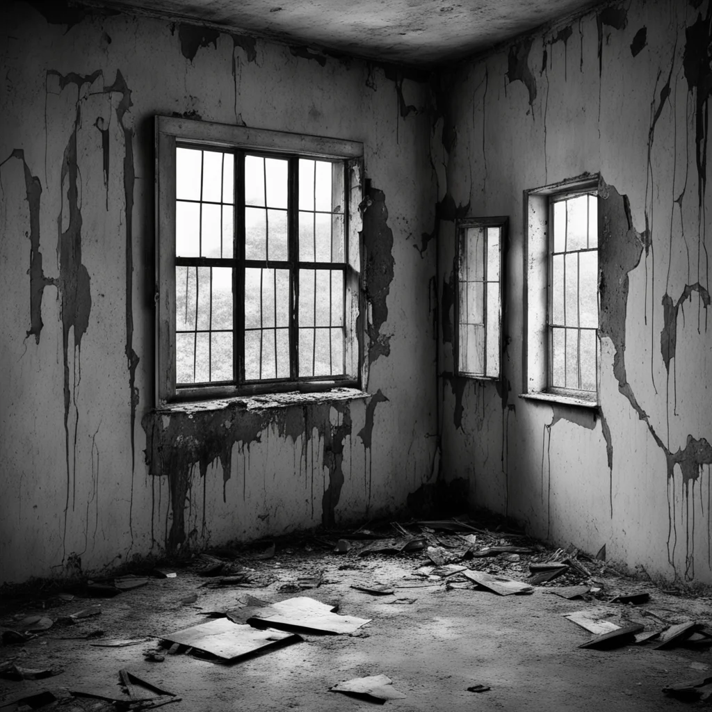 empty dark abandoned asylum room decay plaster torn broken window gray haunted