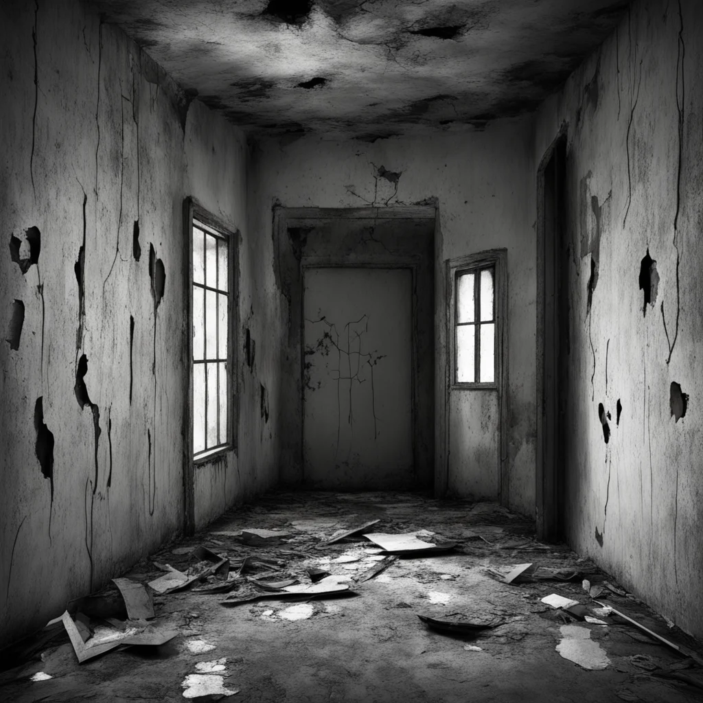 empty dark abandoned asylum room decay plaster torn small broken window gray haunted terrified ghost photorealistic high