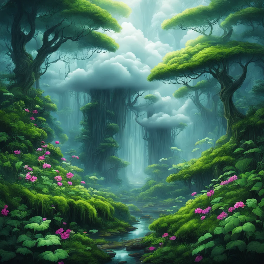 enchanted fairy tale cloud forest anime style