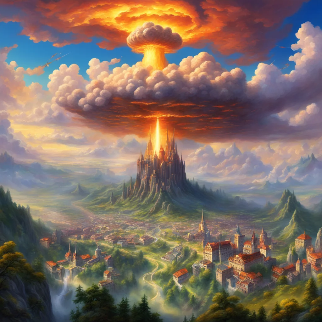 enormous atomic bomb airburst over a vast high fantasy kingdom style of Thomas Kinkade —ar 23