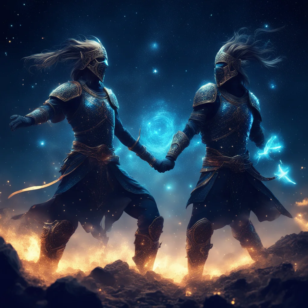 epic battle between two warriors made out of glowing particles with a dark blue night sky full of stars in the backgroun