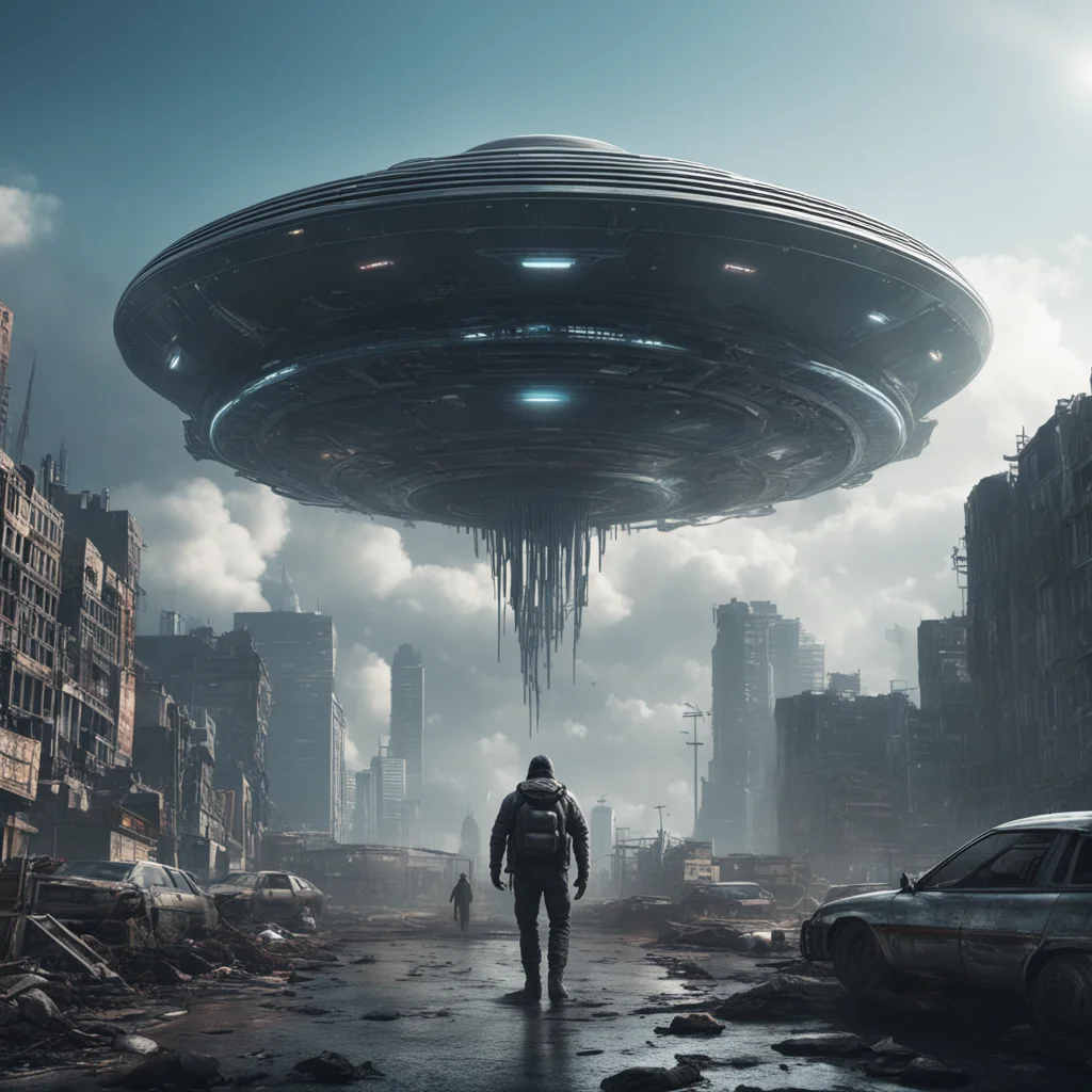 epic gigantic UFO human abduction cyberpunk post apocalyptic 4k ultra detail symmetrical wide angle cinematic ar 916