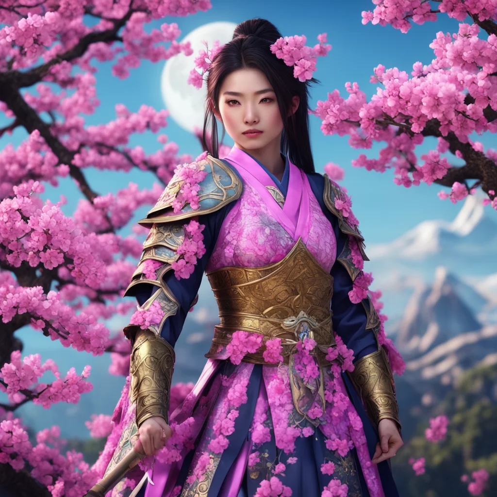 epic portrait of a beautiful japanese warrior princess  ornate magic robe armor  sakura tree full moon distant mountains