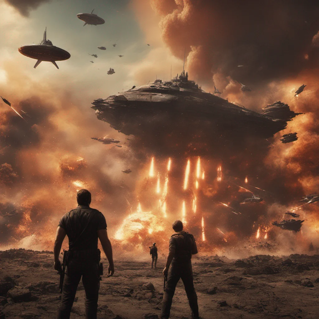 epic space battle with many space ships and lasers and explosions with two men standing against one giant man on a battlefield marlon brando martin sheen in 