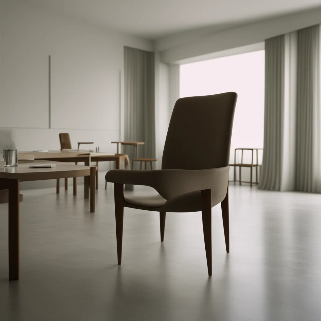 establishing shot a chair designed by Le Corbusier anamorphic wide shot clean render Photoreal hyper real 8k Ridley Scot