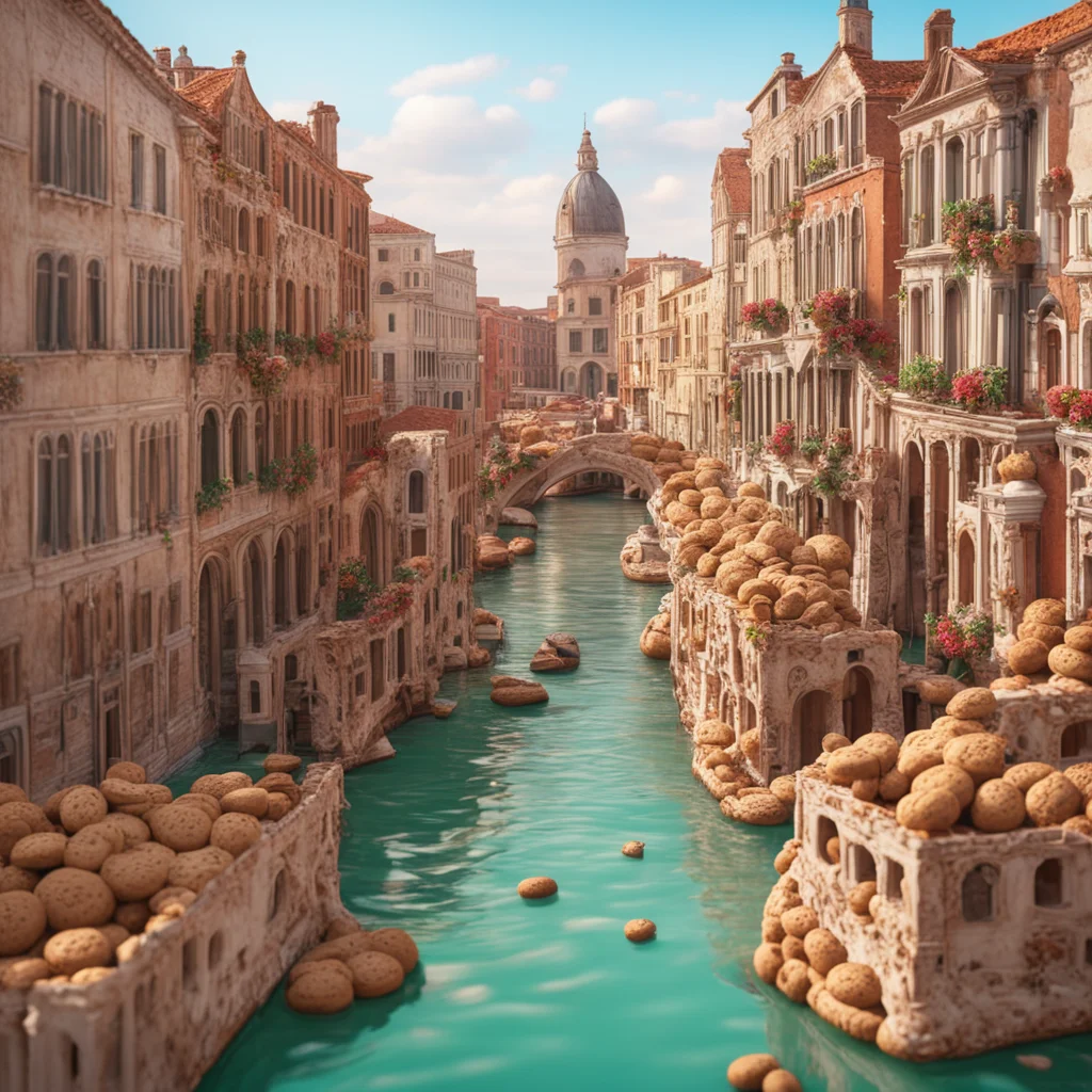 establishing shot of Venice with buildings made of cookies and canals filled with fudge Photograph Hyper real Redshift r