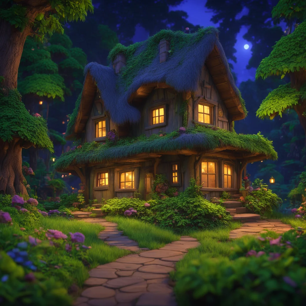 establishing shot of a dwarf house in the lush woods by night Pixar 3d Disney photo realistic 4k highly detailed ar 169