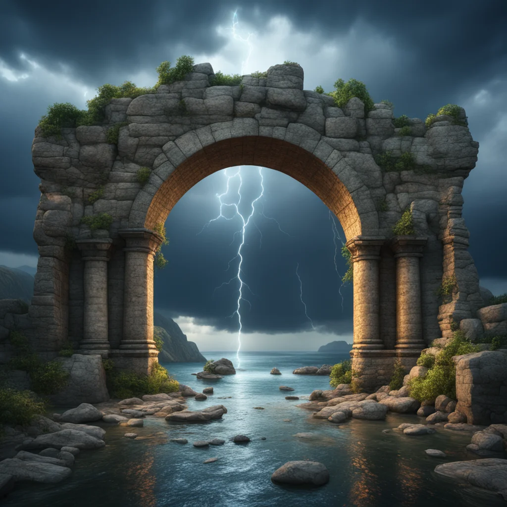 ethereal aquarmarine portal to another universe glowing stone archway under a stormy sky in the style of an old Pieter B