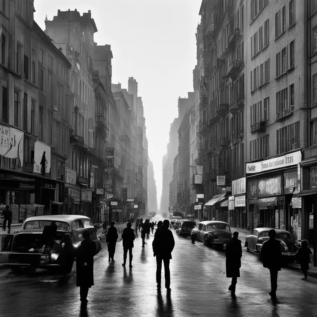 ethereal city downtown chaotic robert doisneau black and white photo golden hour ar 169