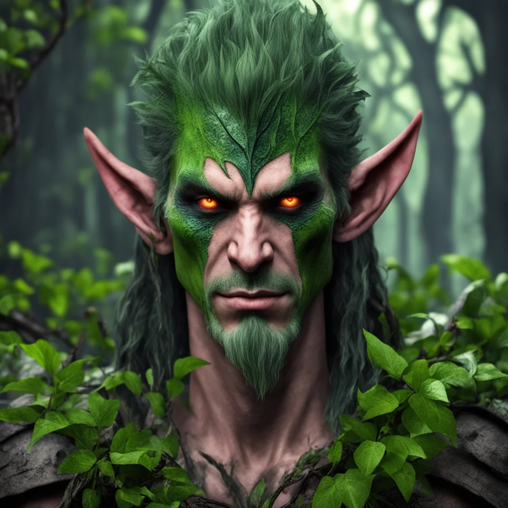 evil Wood Elf with a scar on his face who has a haunted past and is now addicted to magical shrubs