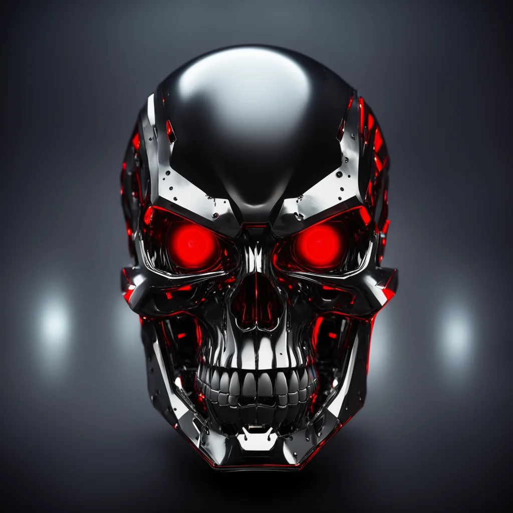 evil chrome robot angular skull with glowing red eyes on a black foggy background at night in the city