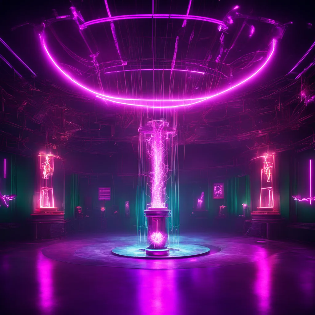 evil electric circus lobby at night tesla coil broken mirro anime style