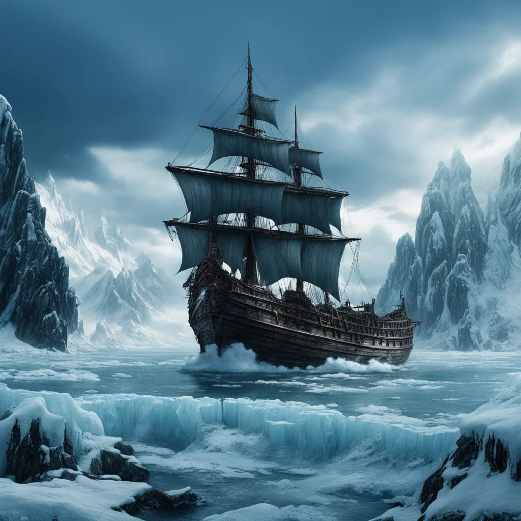 exploring a glacial landscape a very old pirate boatscifi icy frigid snowing windy in the style of steven spielberg james cameron atmosphere epic sca